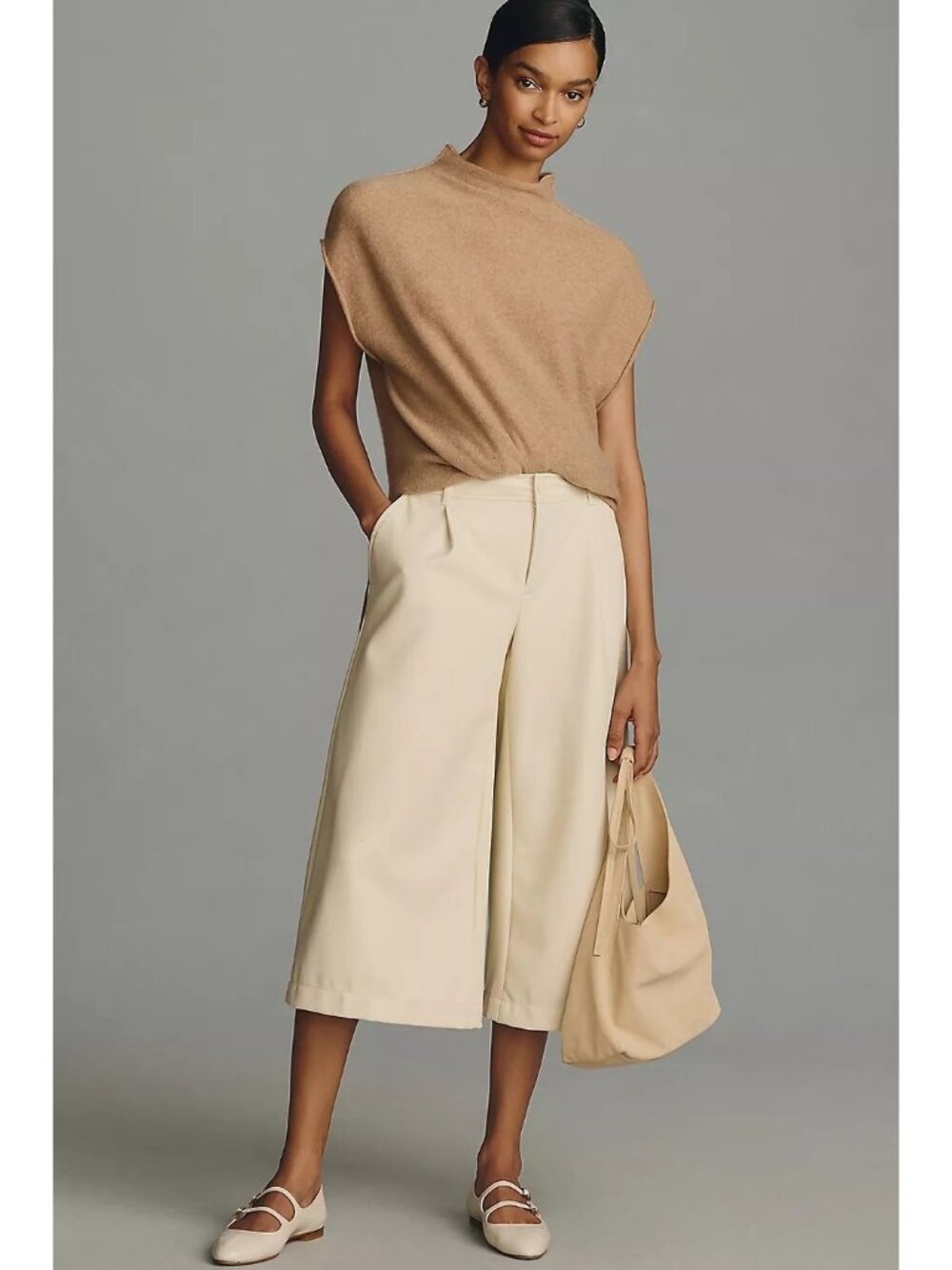 Anthropologie Wide-Leg Faux Leather Culottes Cream High-Waist Size 10 Petite